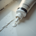 Tube de mastic colle polyuréthane avec goutte épaisse sur jointure de tuyau en cuivre, texture lisse et reflets humides.