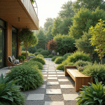 Jardin contemporain durable en 2025 avec plantes natives, potagers urbains et mobilier en bois recyclé