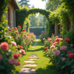 Jardin florissant en juin avec rosiers taillés, arrosoir en métal et outils de jardinage sous une lumière douce